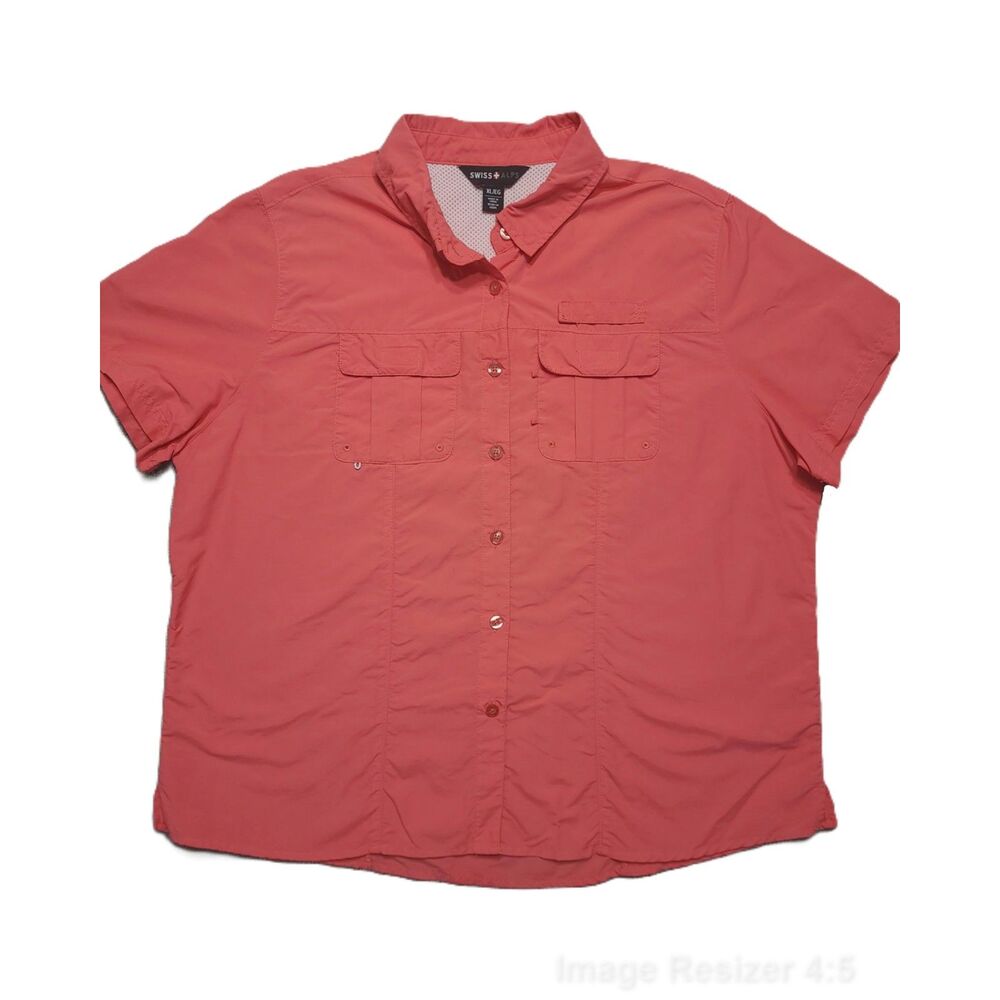 Swiss Alps Fishing Shirt Womens XL Salmon Pink Vented Short Sleeve Button Down